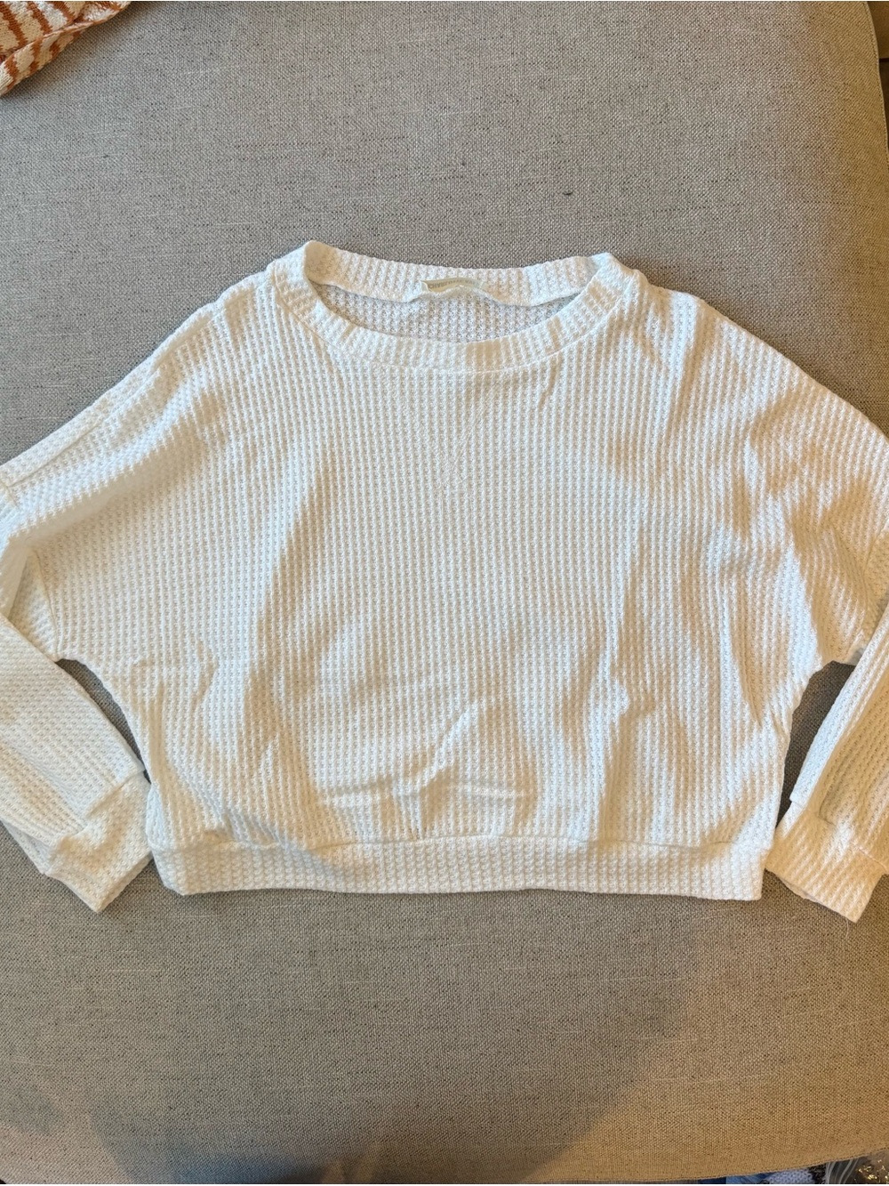 Cropped White Waffle-Knit Long-Sleeve Top